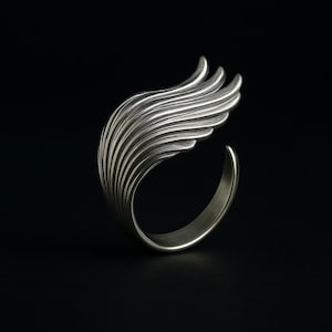 May include: A silver ring with a wing design. The wing is made of many thin, curved lines that create a flowing, organic shape.