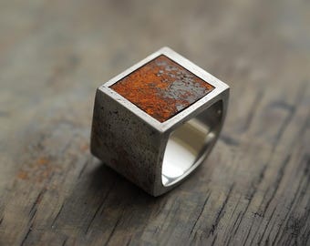 Rusted Square Signet Ring – Unique Sterling Silver Ring for Men - Alternative Jewelry Textured Ring – Brutalist Geometric Ring