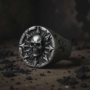 Chaos Star Skull Ring: Gothic Sterling Silver Signet, Dark Symbol of Power