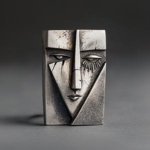 Puede incluir: Una escultura rectangular plateada de un rostro estilizado. La cara presenta formas geométricas, incluyendo un triángulo para la nariz y un ojo triangular. La escultura tiene una apariencia desgastada y texturizada.