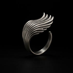May include: A silver ring with a wing design. The wing is made of many thin, overlapping layers, creating a textured and intricate look.