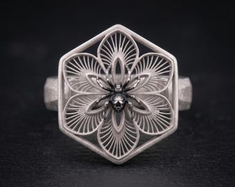 Silver Blossom Spider Ring - Witchy Dark Fantasy Jewelry