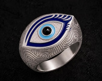 Evil Eye Ring Sterling Silver Black Onyx Blue Enamel Chunky Protection Jewelry Gift