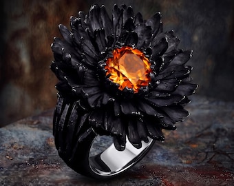 Black Flower Ring – Goth Witchy Jewelry, Rose Blossom and Chrysanthemum Ring, Birth Flower Gift for Her & Anniversary