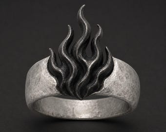 Black Flame Ring in Raw Sterling Silver – Oxidized Fire Design, Medieval Gothic Statement Jewelry for Men