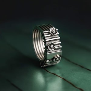 Cherry Blossom Wabi Sabi Ring – Chunky Silver Fantasy Jewelry with Brutalist and Japanese Influence, Edgy Wide Band for Cyberpunk Style