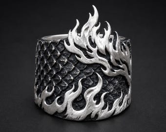 Dragon Scale Ring with Raised Flames, Oxidised Sterling Silver Medieval Band for Men