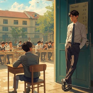 May include: An illustration of a classroom scene. A student sits at a desk, facing away from the viewer. Another student stands in the doorway. Other students are seated at desks in the background. A bell hangs above the doorway.