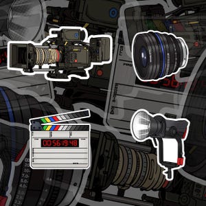 May include: A set of film production stickers including a video camera, a lens, a clapperboard, and a spotlight. The clapperboard shows the time code 00:56:19:48. The stickers have a white border and are set against a grey background.