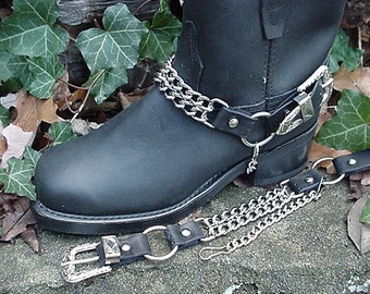 BIKER Boots BOOT CHAINS- Black Leather with 2 Steel Chains