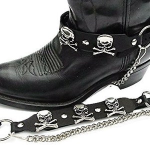 Biker Boots Boot Chains Black Leather with Skull & Crossbones Ornaments