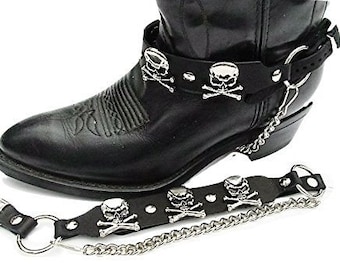 Biker Boots Boot Chains Black Leather with Skull & Crossbones Ornaments