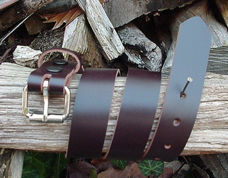 May include: A brown leather belt with a silver buckle and multiple holes. The belt is coiled on a wooden surface.