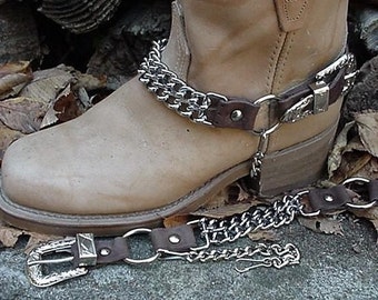 Western Boots BOOT CHAINS Brown Leather,  Two  Steel Chains