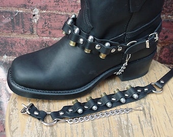 BIKER Boots BOOT CHAINS Black Leather 9mm Bullets