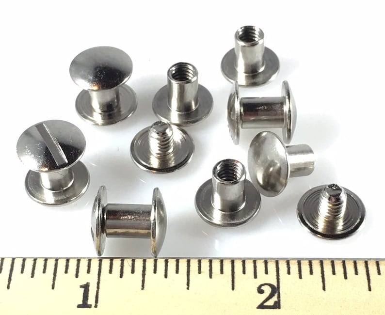 May include: Close-up of ten silver-toned metal screw-in post studs with a flat head and a threaded shank. The studs are arranged on a white surface next to a ruler marked in inches.