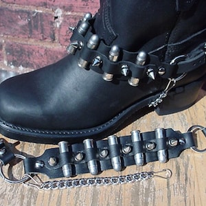 Biker Boots BOOT CHAINS Black Leather, Spikes and Bullets