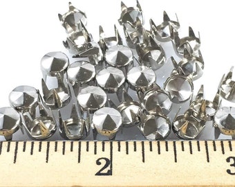 NAILHEADS - SPOTS - STUDS: Size 30/107 Long Legg - Round with Six Facets Nickel Finish 100 Pcs - 4 Prong - 6MM 15/64"