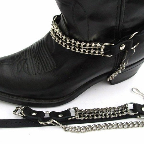 Biker Boots Boot Chains Black Topgrain Cowhide Leather with Cycle Chains