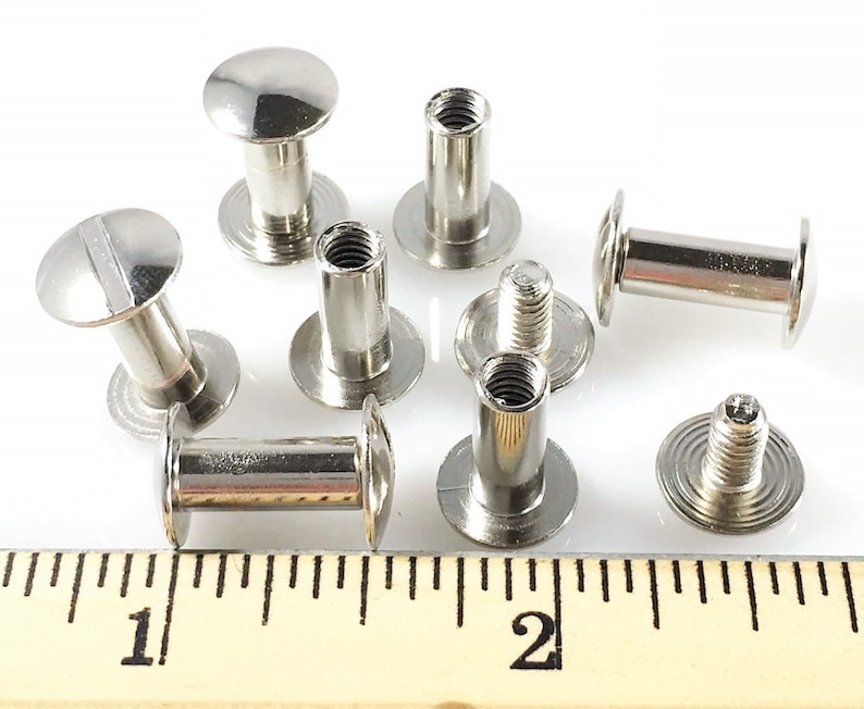 Puede incluir: Primer plano de ocho postes de tornillo de metal plateado con cabeza plana y v&aacute;stago roscado. Los postes est&aacute;n dispuestos sobre una superficie blanca con una regla en el fondo. La regla muestra medidas en pulgadas.