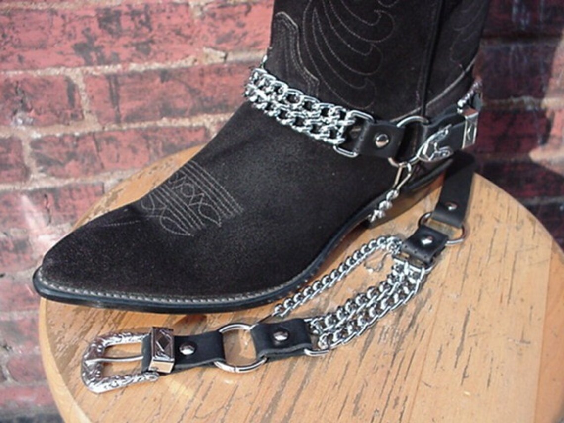 BIKER Boots BOOT CHAINS Black Leather With 2 Steel Chains Etsy