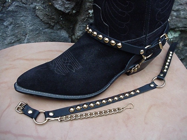 Western Boots BOOT CHAINS BLACK Leather W Gold Studs Bp