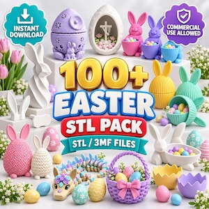 Op de afbeelding: Een digitale collectie van 100+ 3D-printbare STL- en 3MF-bestanden met een paasthema, inclusief diverse decoratieve eieren, konijnenbeeldjes, mandjes en bloemaccenten in pastelkleuren, met tekstoverlays voor directe download en commercieel gebruik.