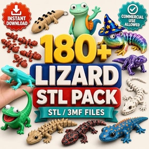 以下が含まれることがあります： 180種類以上のトカゲのSTLおよび3MFファイルのデジタルコレクション。緑、青、紫、ベージュ、赤の斑点がある黒など、様々な色の関節付きトカゲのフィギュアに加え、骸骨のトカゲや青い魔法使いの帽子をかぶったトカゲが含まれています。