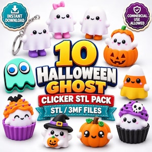 May include: A digital collection of 10 Halloween ghost 3D printable models featuring various designs including ghosts with bows, pumpkins, candy corn, and cupcakes. The central text reads 10 HALLOWEEN GHOST CLICKER STL PACK STL / 3MF FILES.