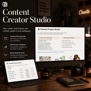 Könnte beinhalten: Ein digitaler Arbeitsbereich mit dem Titel Content Creator Studio, der einen Content-Planungs-Hub, Leistungsanalysen und Tools zur Verwaltung von Markenkooperationen auf einem Monitor und Tablet zeigt, sowie eine schwarze Tasse mit Aufschrift.