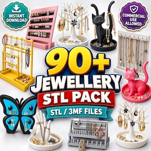 Può includere: Una collezione digitale di oltre 90 file STL per gioielli con vari espositori stampabili in 3D, tra cui un portaorecchini rosa, un albero bianco, un gatto nero, un supporto giallo, un espositore a farfalla e una ciotola gatto rosa.
