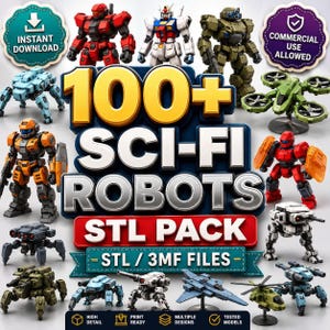 Può includere: Una collezione digitale di oltre 100 file STL e 3MF di robot fantascientifici per la stampa 3D. L'immagine mostra varie miniature di mecha in rosso, blu, arancione, verde e bianco, con etichette di testo per il download immediato.