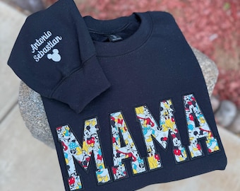 Embroidered Mama Appliqué Sweatshirt | Disney Characters | Personalized Sleeve with Kids' Names | Custom Disney Crewneck| Mom Gift