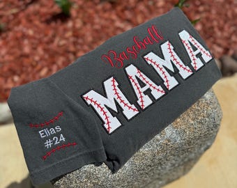 Embroidered Glitter Appliqué 'Baseball Mama' Tee | Personalized Sleeve with Kids' Names | Custom Sports Mom Crewneck T-Shirt