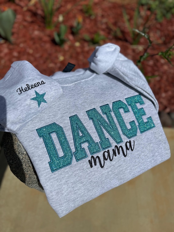 Embroidered Glitter Appliqué 'Dance Mama' Sweater | Personalized Sleeve with Kids' Names | Custom Dance Mom Crewneck Sweatshirt