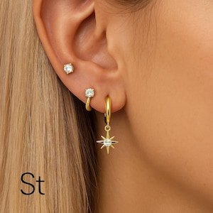 3-Piece Gold Huggie Earrings Set | Dainty Stacked Hoops + Star Drop | Everyday Minimalist Gold Earrings | StackedTheory Jewelry