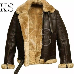 Véritable veste en cuir marron en peau de mouton véritable aviateur aviateur en peau de mouton retournée de la RAF, bomber B3 d'hiver confortable et chaud en cuir veste manteau hommes