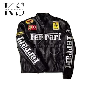 Blouson en cuir de course Ferrari noir fait main, Italie Blouson en cuir de moto style vintage Ferrari Ferrari noir