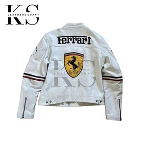 Blouson en cuir de course Ferrari blanc fait main, Italie Blouson en cuir de moto style vintage Ferrari blanc