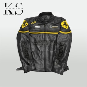 Blouson en cuir de course Ferrari noir fait main, Italie Blouson en cuir de moto style vintage Ferrari Ferrari noir