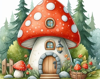 Arte mural de casa de hongos, impresión de bosque de cuento de hadas, póster de cabaña caprichosa, decoración para habitación infantil, ilustración de hongo venenoso