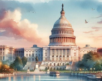 Art mural du Capitole, impression de Washington DC, affiche patriotique de monument, décor d&#39;architecture des Etats-Unis, téléchargement numérique