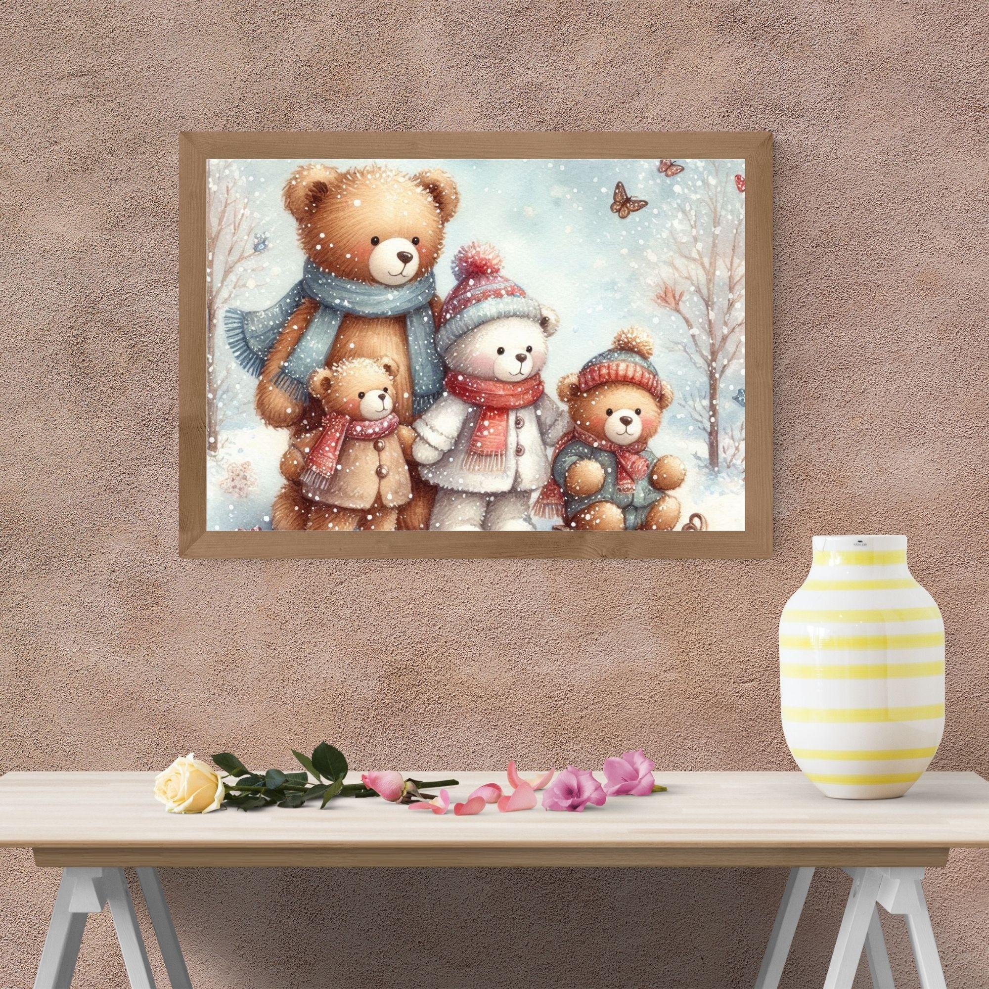 冬のテディベアファミリー、かわいい保育園の壁アート、そりとマフラー