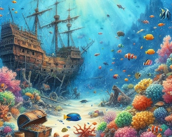 Sunken Ship Wall Art, Underwater Treasure Print, Colorful Coral Reef Painting, Pirate Shipwreck Decor, Ocean Fantasy Scene, Digital Download