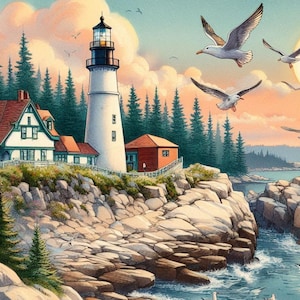 Impresión de faro de Maine, arte mural con atardecer costero, póster de costa rocosa con gaviotas, decoración náutica de Nueva Inglaterra, descarga digital del océano