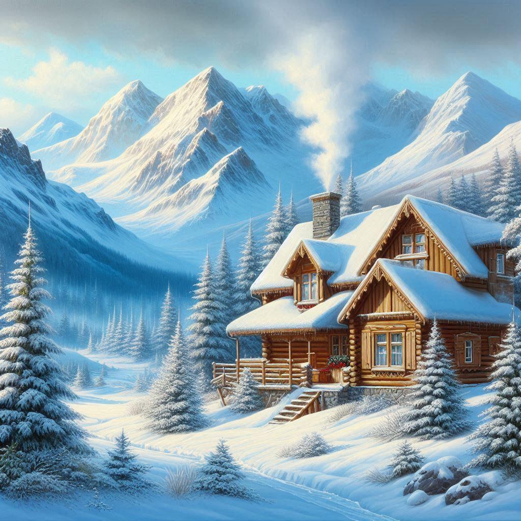 Winter Cabin Wall Art, Snowy Mountain Landscape Print, Cozy Rustic Log ...