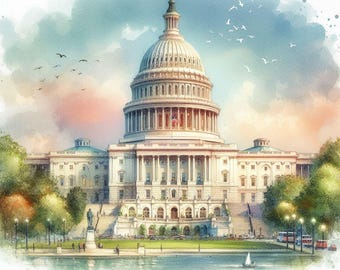 Impression du Capitole de Washington DC, aquarelle emblématique des États-Unis, art mural patriotique, peinture de l&#39;édifice gouvernemental, affiche de l&#39;histoire des États-Unis