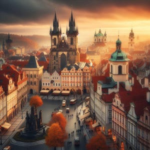 Stampa di Piazza della Città Vecchia di Praga, Arte murale di architettura gotica romantica, Poster di paesaggio urbano storico europeo, Decorazioni di viaggio ceche da scaricare