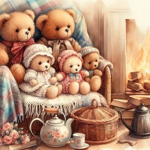 May include: Watercolor illustration of five teddy bears seated on a cozy armchair. The bears are adorned with bows and bonnets. A teapot, cup, and basket are in the foreground, with a fireplace and books in the background.