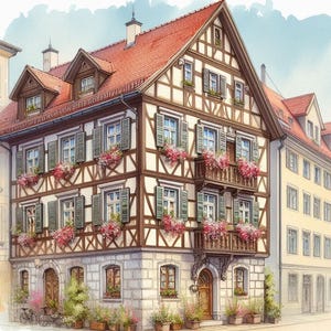 Puede incluir: Pintura a la acuarela de un edificio europeo tradicional con tejado de tejas rojas, entramado de madera blanco y marrón y contraventanas verdes. El edificio tiene varios pisos con balcones y jardineras llenas de flores rosas. Una bicicleta está aparcada cerca de la entrada.